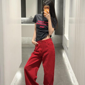 레드 와이드 데님팬츠